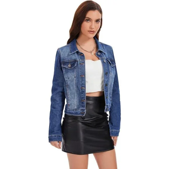 andy & natalie Womens Jean Jacket Stretch Cropped Button Down Denim Jackets - Picture 4 of 7